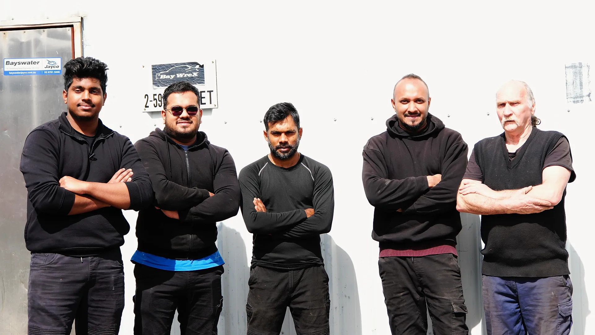 The Baywrex team standing outside the workshop at Tower 2/591 Dorset Rd, Bayswater North
