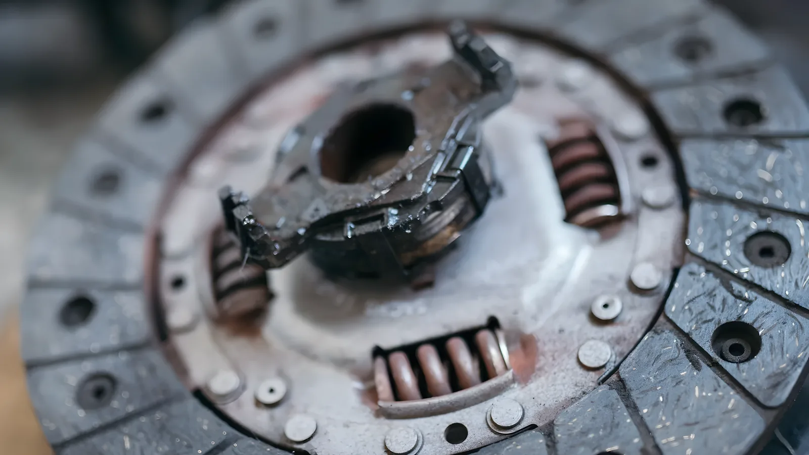 Worn clutch friction disc with its centre hub and damper springs visible, lying on a workshop bench